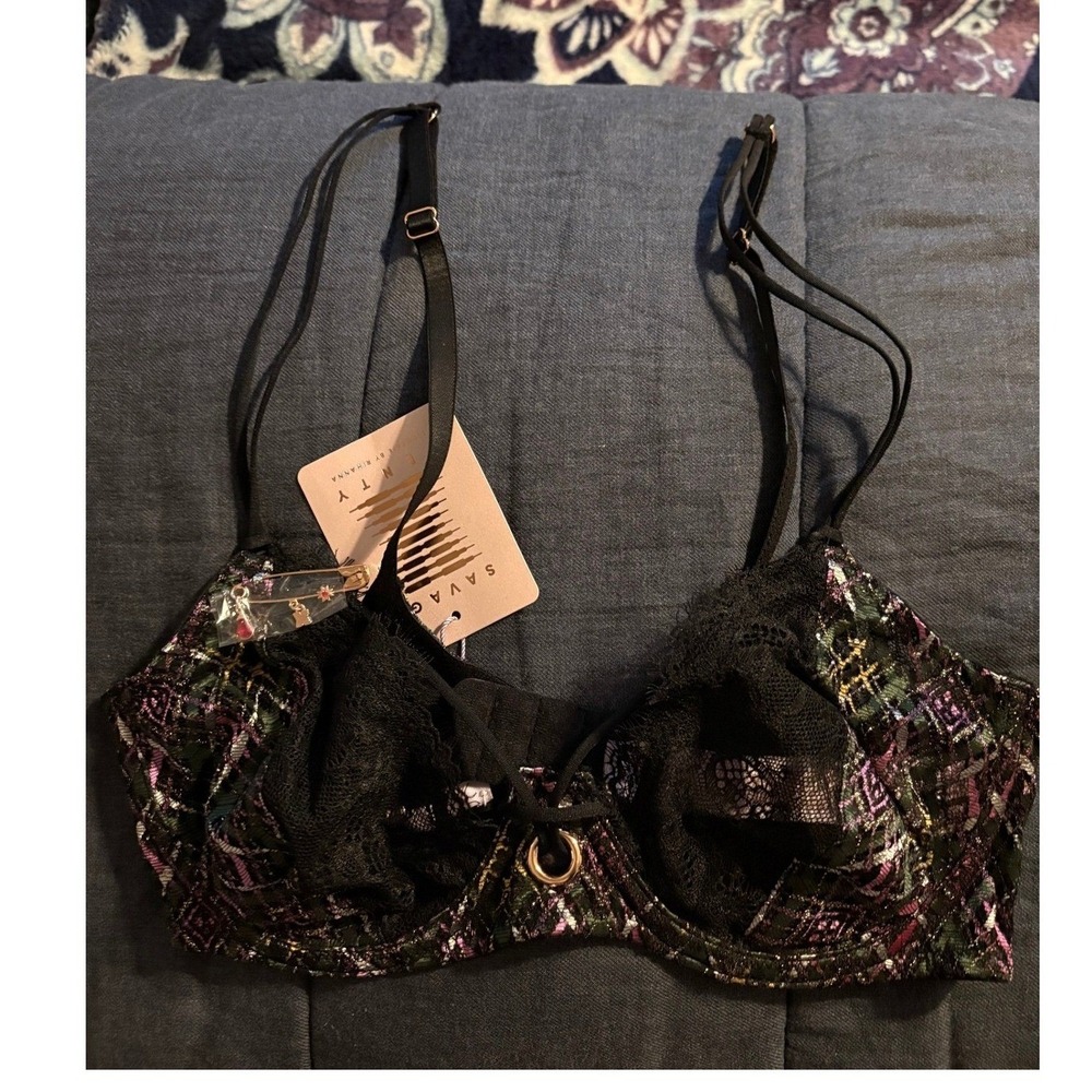 NEW Savage X Fenty Metallic Plaid Lace Underwire‎ Bra Black Purple Green 32D